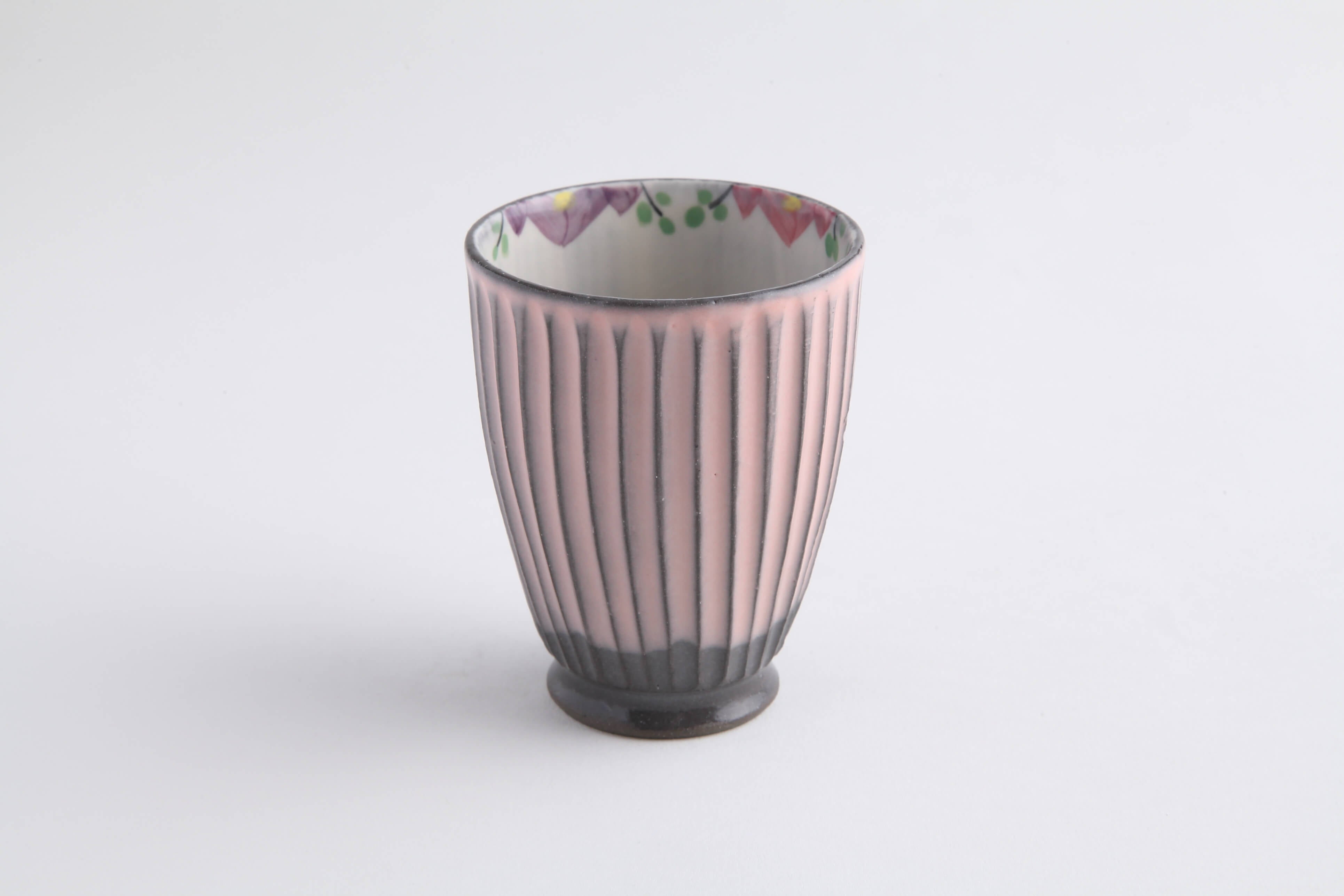 縦そぎ草花 ピンク 湯呑