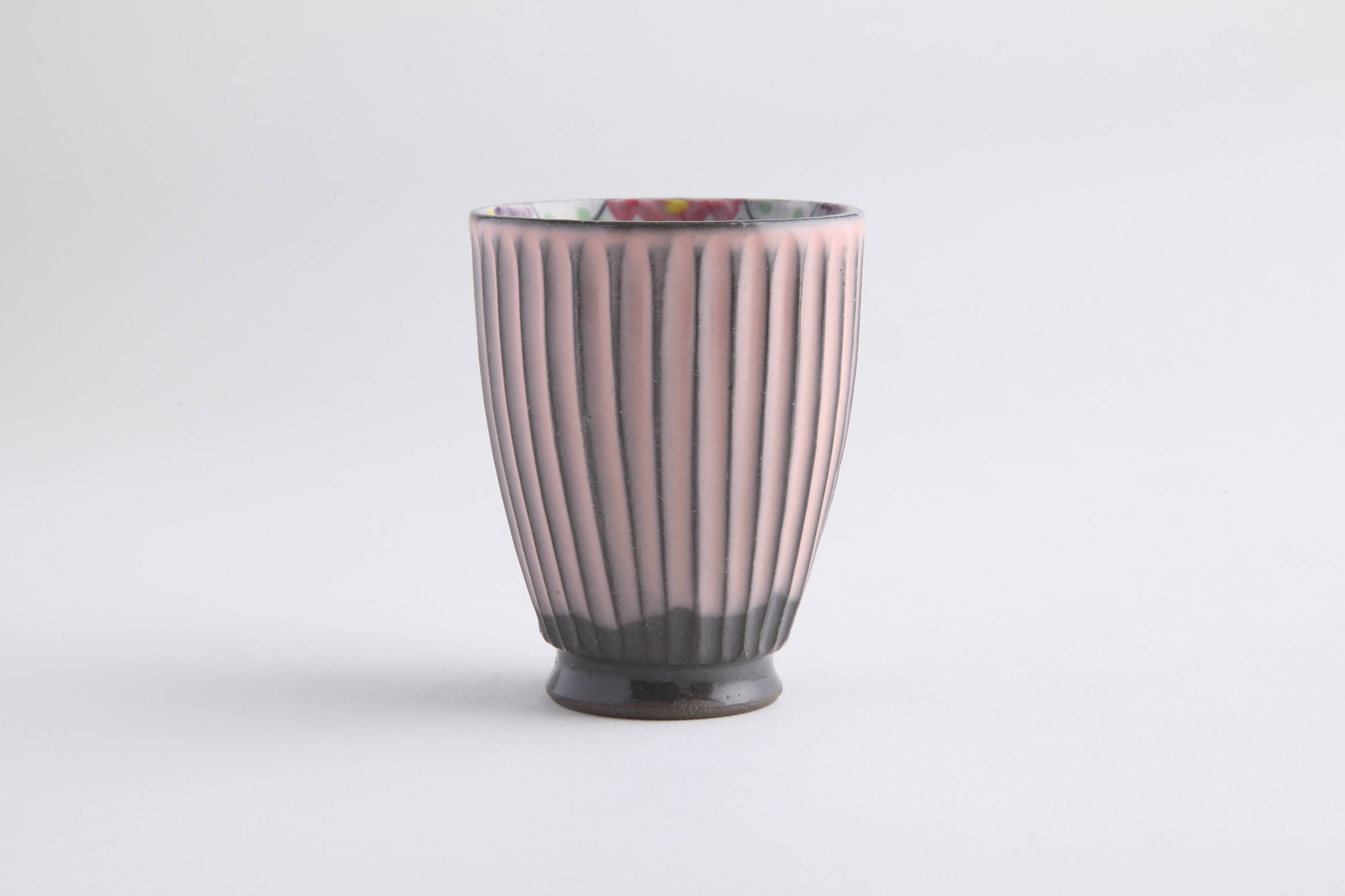 縦そぎ草花 ピンク 湯呑