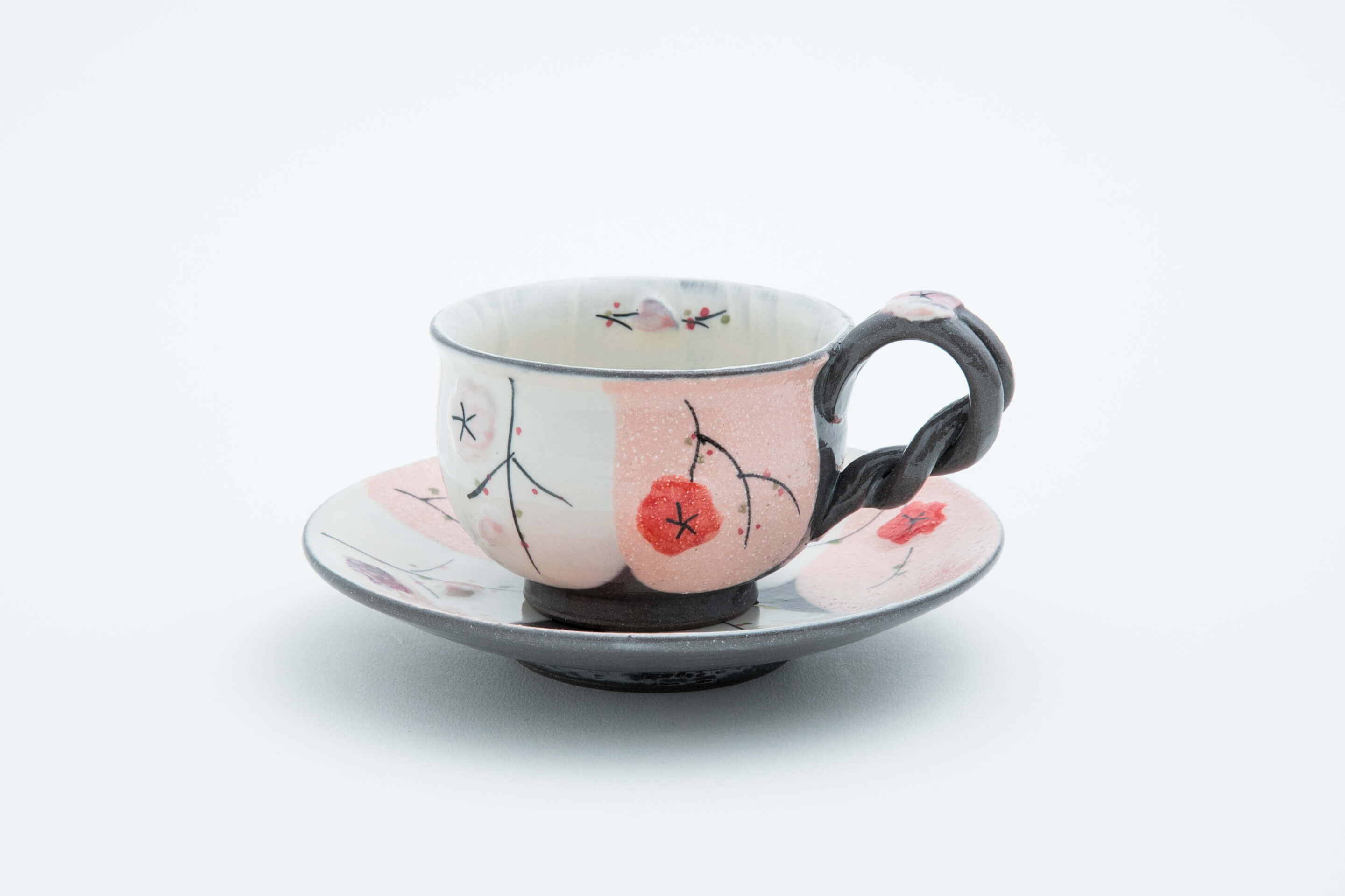 黒陶掛分貼付桜 ピンク　コーヒー碗皿